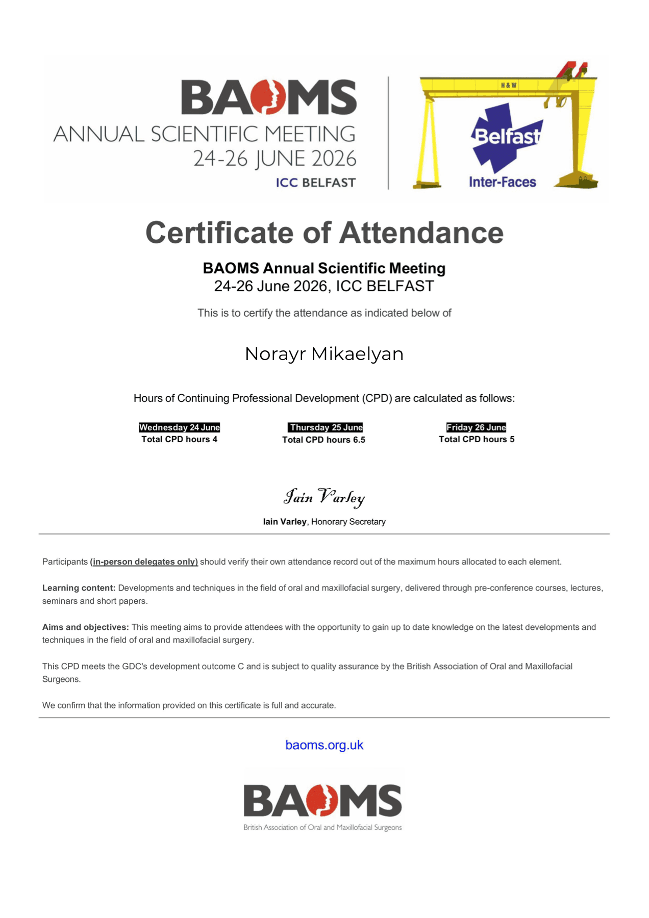 In-person attendance certificate