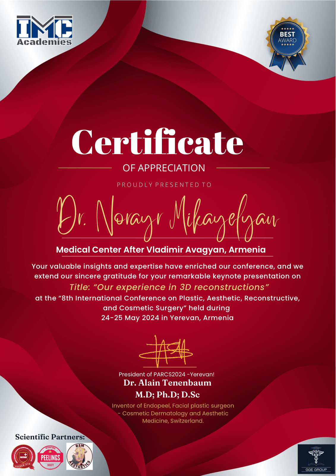 PARCS 2024 in Yerevan — Certificate — documentary verification